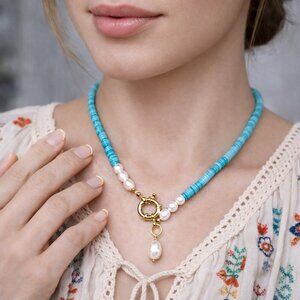 Turquoise & Freshwater Pearls Beaded Necklace | 14K Gold Accents | Trendy Chic